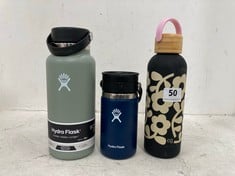 3 X ASSORTED WATER BOTTLES TO INCLUDE HYDROFLASK 32 OZ WIDE FLEX CAP IN AGAVE