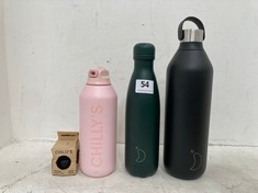 3 X ASSORTED WATER BOTTLES TO INCLUDE CHILLY'S GREEN MATTE EDITION 500ML REUSABLE BOTTLE AND CHILLY'S ORIGINAL SPORTS LID