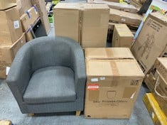 3 X ASSORTED ITEMS TO INCLUDE DARK GREY FABRIC ROUND BACK ARMCHAIR (ZONE 2)