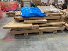 PALLET OF ASSORTED FURNITURE / PARTS TO INCLUDE 3FT BED FRAME WITH GAS LIFT UP SYSTEM IN OAK (BOX 1/4, PART ONLY) (ZONE 2) (KERBSIDE PALLET DELIVERY)