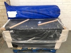 APPROX 135 X 190CM BED BASE IN BLACK FABRIC WITH HEADBOARD TO INCLUDE APPROX 135 X 190CM ROLLED OPEN SPRUNG MATTRESS (ZONE 4) (KERBSIDE PALLET DELIVERY)