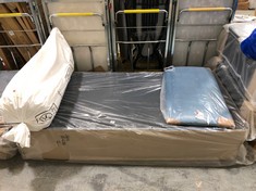 APPROX 90 X 190CM BED BASE IN BLUE VELVET WITH HEADBOARD TO INCLUDE APPROX 90 X 190CM ROLLED OPEN SPRUNG MATTRESS (ZONE 4) (KERBSIDE PALLET DELIVERY)