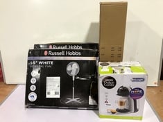 DELONGHI MINI ME COFFEE MACHINE AND 3 X ASSORTED FANS TO INCLUDE RUSSELL HOBBS 16" WHITE PEDESTAL FAN