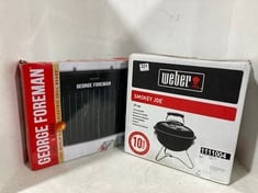 GEORGE FOREMAN LARGE FIT GRILL AND WEBER SMOKEY JOE CHARCOAL GRILL IN BLACK