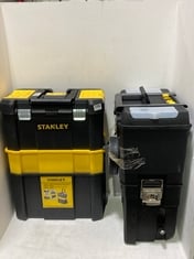 STANLEY ESSENTIAL ROLLING WORKSHOP WITH METAL LATCHES TO INCLUDE STANLEY 55.1L MOBILE WORK CENTER WITH METAL LATCHES (BROKEN WHEEL)