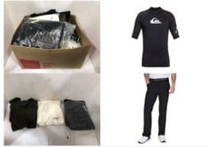 30X ASSORTED CLOTHING TO INCLUDE ISLAND GREEN MENS IGPNT1900 STRETCH TAPERED TROUSERS - BLACK - 32S, QUIKSILVER MENS ALL TIME RASH GUARD SHIRT, BLACK, S EU.