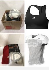 10X ASSORTED SPORTS ITEMS TO INCLUDE RAWLINGS SPORTING GOODS MENS PREMIUM PRO CUT PRACTICE FOOTBALL JERSEY WHITE, ADIDAS WOMEN'S POWERREACT TRAINING BRA, S BLACK.