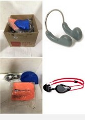 16X ASSORTED SWIMMING ITEMS TO INCLUDE ARENA TRACKS JR YOUTH SWIM GOGGLES, SMOKE / WHITE / RED, JUNIOR, SPEEDO COMPETITION SWIMMING NOSE CLIP, ONE SIZE.