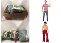 13X ASSORTED FANCY DRESS TO INCLUDE SMIFFYS AUTHENTIC 70S GUY COSTUME, RED WITH TOP AND HIGH WAISTED TROUSERS, 1970'S DISCO FANCY DRESS, 1970S DRESS UP COSTUMES, SMIFFYS WHERE'S WALLY KIT, ADULTS RED