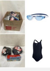 X20 ASSORTED KIDS SWIMMING ITEMS TO INCLUDE SPEEDO JUNIOR GIRL'S ECO ENDURANCE+ MEDALIST SWIMSUIT, CHLORINE RESISTANCE, RECYCLED FABRIC, COMFORT FIT, SWIMMING LESSONS, SWIM HOLIDAY, TRUE NAVY, 13-14