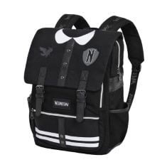 X2 ASSORTED WEDNESDAY BACKPACKS TO INCLUDE WEDNESDAY VARSITY-OXFORD BACKPACK, BLACK, 14 X 29 X 40 CM, CAPACITY 16 L, WEDNESDAY UNIFORM-FAN HS BACKPACK 2.0, BLACK, 18 X 30 X 41 CM, CAPACITY 22 L.