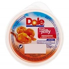 X12 ASSORTED FRUIT IN JELLY TO INCLUDE DOLE FRUIT IN JELLY MANDARINS IN ORANGE FLAVOUR JELLY, 123G BB: 29/09/24, DOLE FRUIT IN JELLY, TROPICAL, 123G.