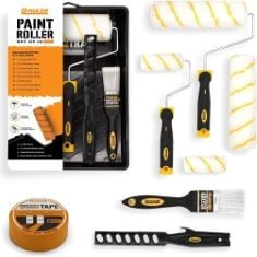 APPROX X20 ASSORTED ITEMS TO INCLUDE RAULDE 10 PIECES PAINT ROLLER SET - INCLUDES A PAINT TRAY, BRUSH, LARGE AND MINI ROLLERS & SLEEVES, PAINT REPELLENT MASKING TAPE, PAINT MIXER - ROLLER SET FOR PAI