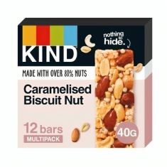 10 X KIND BARS, GLUTEN FREE SNACK BARS, CARAMALISED BISCUIT NUT, HIGH FIBRE, HEALTHY SNACK, NO ARTIFICIAL COLOURS, FLAVOURS OR PRESERVATIVES, MULTIPACK 12 X 40G BBE 26.10.2024.