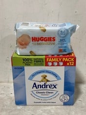 CAGE OF ASSORTED ITEMS TO INCLUDE HUGGIES PURE 99% PURE WATER BABY CLEANSING WIPES 56 WIPES - EXP 06/26