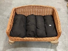 LARGE BROWN WICKER DOG BED WITH BLACK CUSHION