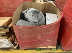 PALLET OF ASSORTED ITEMS TO INCLUDE GREY VELVET BEAN BAG CHAIR