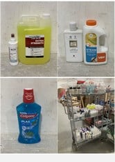 CAGE OF ASSORTED LIQUIDS TO INCLUDE AUTO GLYM LEATHER CARE BALM, VAX STEAM DETERGENT CLEANER (CAGE NOT INCLUDED) COLLECTION ONLY)