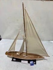 WOODEN SHIP MODEL WITH COTTON SAILS 60CM X 11CM X 85CM WHITE RRP- £218