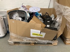 PALLET OF ASSORTED HOUSEHOLD ITEMS TO INCLUDE TOWER PURPLE CLOTHES IRON