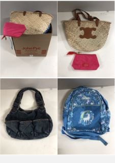 BOX OF BAGS AND BACKPACKS INCLUDING DENIM HANDBAG