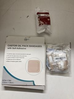 BOX OF HEALTHCARE ITEMS TO INCLUDE CASTOR OIL BACK BANDAGES