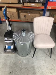 A CHAIR, A GARDEN INCINERATOR AND A CARPET CLEANER