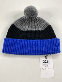 PAUL SMITH MEN'S HAT 3 BLOCK TEXT. MADE FROM: 100% LAMBSWOOL KNITTED. RRP: £65