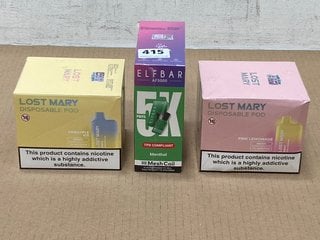 2 X BOX OF 10 LOST MARY 600+ DISPOSABLE VAPES IN PINEAPPLE ICE & PINK LEMONADE TO INCLUDE ELFBAR MENTHOL 600+ PUFFS REFILLABLE VAPES (PLEASE NOTE: 18+YEARS ONLY. ID MAY BE REQUIRED): LOCATION - E0