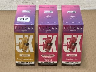 3 X BOX OF 5 ELFBAR 5K PUFFS REFILLABLE DISPOSABLE VAPES TO INCLUDE STRAWBERRY ICE (PLEASE NOTE: 18+YEARS ONLY. ID MAY BE REQUIRED): LOCATION - E0