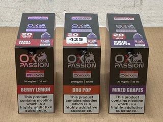 3 X BOXES OF 10 VAPE E LIQUIDS TO INCLUDE OX PASSION 20 MG 10ML BRU POP (PLEASE NOTE: 18+YEARS ONLY. ID MAY BE REQUIRED): LOCATION - E0