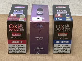 3 X BOXES OF 10 VAPE E LIQUIDS TO INCLUDE R AND M TORNADO DR BLUE (PLEASE NOTE: 18+YEARS ONLY. ID MAY BE REQUIRED): LOCATION - E0