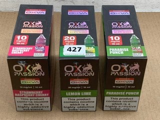 3 X BOXES OF 10 VAPE E LIQUIDS TO INCLUDE OX PASSION LEMON LIME (PLEASE NOTE: 18+YEARS ONLY. ID MAY BE REQUIRED): LOCATION - E0