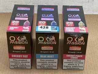 3 X BOXES OF 10 VAPE E LIQUIDS TO INCLUDE OX PASSION BLUE MIST (PLEASE NOTE: 18+YEARS ONLY. ID MAY BE REQUIRED): LOCATION - E0