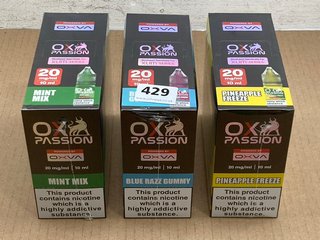 3 X BOXES OF 10 VAPE E LIQUIDS TO INCLUDE OX PASSION BLUE RAZZ GUMMY (PLEASE NOTE: 18+YEARS ONLY. ID MAY BE REQUIRED): LOCATION - E0