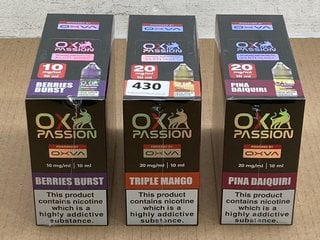 3 X BOXES OF 10 VAPE E LIQUIDS TO INCLUDE OX PASSION TRIPLE MANGO (PLEASE NOTE: 18+YEARS ONLY. ID MAY BE REQUIRED): LOCATION - E0