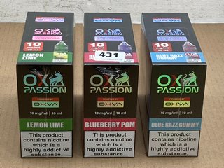 3 X BOXES OF 10 VAPE E LIQUIDS TO INCLUDE OX PASSION BLUEBERRY POM (PLEASE NOTE: 18+YEARS ONLY. ID MAY BE REQUIRED): LOCATION - E0