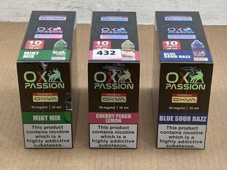 3 X BOXES OF 10 VAPE E LIQUIDS TO INCLUDE OX PASSION CHERRY PEACH LEMON (PLEASE NOTE: 18+YEARS ONLY. ID MAY BE REQUIRED): LOCATION - E0