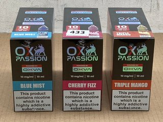 3 X BOXES OF 10 VAPE E LIQUIDS TO INCLUDE OX PASSION CHERRY FIZZ (PLEASE NOTE: 18+YEARS ONLY. ID MAY BE REQUIRED): LOCATION - E0