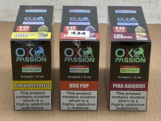 3 X BOXES OF 10 VAPE E LIQUIDS TO INCLUDE OX PASSION PINA DAIQUIRI (PLEASE NOTE: 18+YEARS ONLY. ID MAY BE REQUIRED): LOCATION - E0