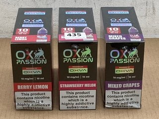 3 X BOXES OF 10 VAPE E LIQUIDS TO INCLUDE OX PASSION MIXED GRAPES (PLEASE NOTE: 18+YEARS ONLY. ID MAY BE REQUIRED): LOCATION - E0