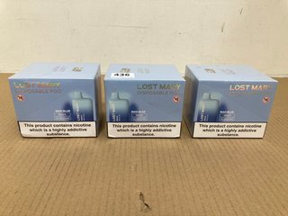 3 X BOX OF 10 LOST MARY 600+ PUFF DISPOSABLE VAPES IN MAD BLUE (PLEASE NOTE: 18+YEARS ONLY. ID MAY BE REQUIRED): LOCATION - E0