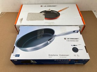 LE CREUSET 28CM WOODEN HANDLE FRYING PAN TO ALSO INCLUDE LE CREUSET 24CM STAINLESS STEEL FRYING PAN: LOCATION - I5