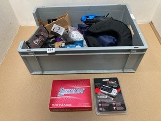 QTY OF ASSORTED SPORTS/CAMPING ITEMS TO INCLUDE BOX OF SRIXON DISTANCE PREMIUM GOLF BALLS: LOCATION - I1