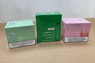 2 X BOXES OF LOST MARY 20MG 600 PUFF DISPOSABLE VAPES IN WATERMELON STRAWBERRY ICE/DOUBLE APPLE TO ALSO INCLUDE BOX OF FABSTIX 20MG 600 PUFF DISPOSABLE VAPES IN COOL MINT - (PLEASE NOTE: 18+YEARS ONL