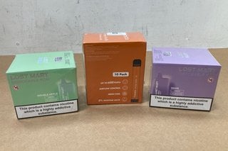 2 X BOXES OF LOST MARY 20MG 600 PUFF DISPOSABLE VAPES IN GRAPE/DOUBLE APPLE TO ALSO INCLUDE BOX OF FABSTIX 20MG 600 PUFF DISPOSABLE VAPES IN ORANGE VANILLA - (PLEASE NOTE: 18+YEARS ONLY. ID MAY BE RE