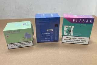 3 X BOXES OF ASSORTED VAPES TO INCLUDE BOX OF ELFBAR AF5000 5000 PUFF 20MG DISPOSABLE VAPES IN LEMON LIME - (PLEASE NOTE: 18+YEARS ONLY. ID MAY BE REQUIRED): LOCATION - E0