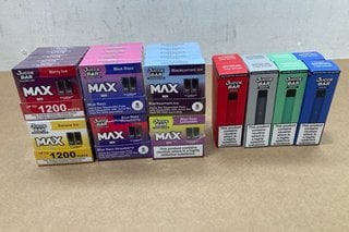 6 X BOXES OF JUCCE BAR MAX 9 MG 600 PUFF DISPOSABLE PODS IN VARIOUS FLAVOURS TO ALSO INCLUDE 8 X JUCCE BAR VAPE KITS IN VARIOUS COLOURS - (PLEASE NOTE: 18+YEARS ONLY. ID MAY BE REQUIRED): LOCATION -