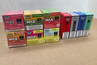 6 X BOXES OF JUCCE BAR MAX 9 MG 600 PUFF DISPOSABLE PODS IN VARIOUS FLAVOURS TO ALSO INCLUDE 8 X JUCCE BAR VAPE KITS IN VARIOUS COLOURS - (PLEASE NOTE: 18+YEARS ONLY. ID MAY BE REQUIRED): LOCATION -