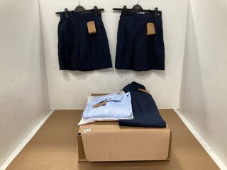 BOX OF SCHOOL BLAZER TROUSERS IN NAVY - VARIOUS SIZES TO ALSO INCLUDE 2 X SCHOOL BLAZER SHIRTS IN LIGHT BLUE - UK 40": LOCATION - E4